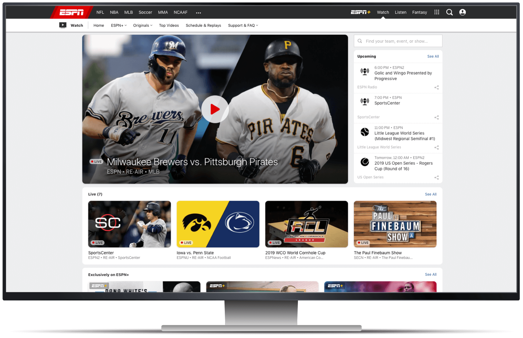 デスクトップ画面上のESPNのホームページ