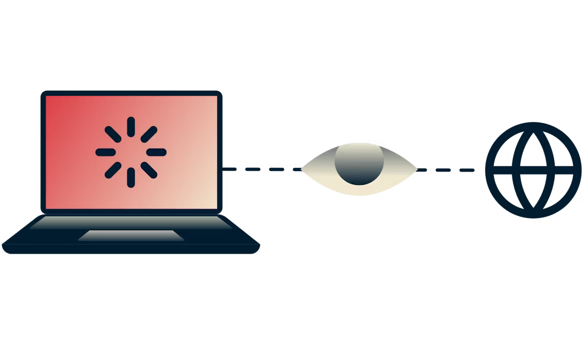 Um computador port&aacute;til ligado &agrave; Internet com um olho em cima da liga&ccedil;&atilde;o.